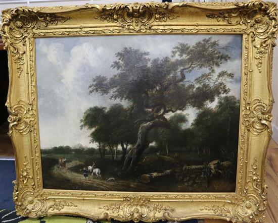 Early 18th century English School, oil on canvas, Landscape with travellers passing woodland, 65 x 84cm